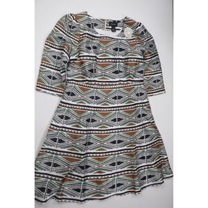 Ashro Fit and Flare Dress Geometric Tribal Print 16 Brown Green Polyester Casual